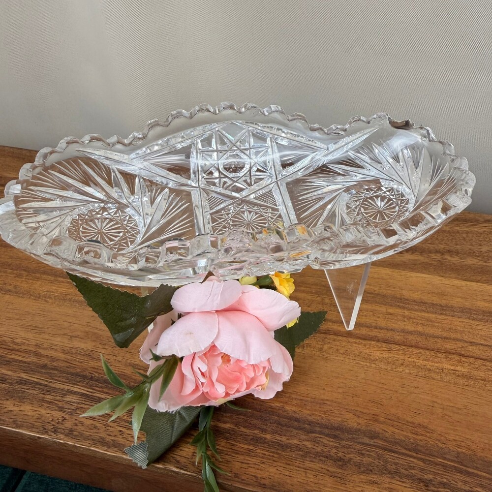 Antique American Brilliant Period Cut Glass Celery Relish Dish Hobstar Pinwheel
